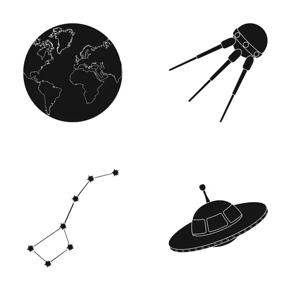 Planeta Tierra con continentes y océanos, satélite volador, Ursa Mayor, OVNI. Espacio conjunto colección iconos en negro estilo vector símbolo stock ilustración web . — Vector de stock