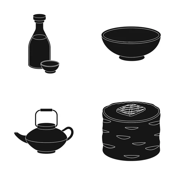 醤油、麺、kettle.rolls.Sushi ブラック スタイル ベクトル シンボル ストック イラスト web コレクションのアイコンを設定. — ストックベクタ