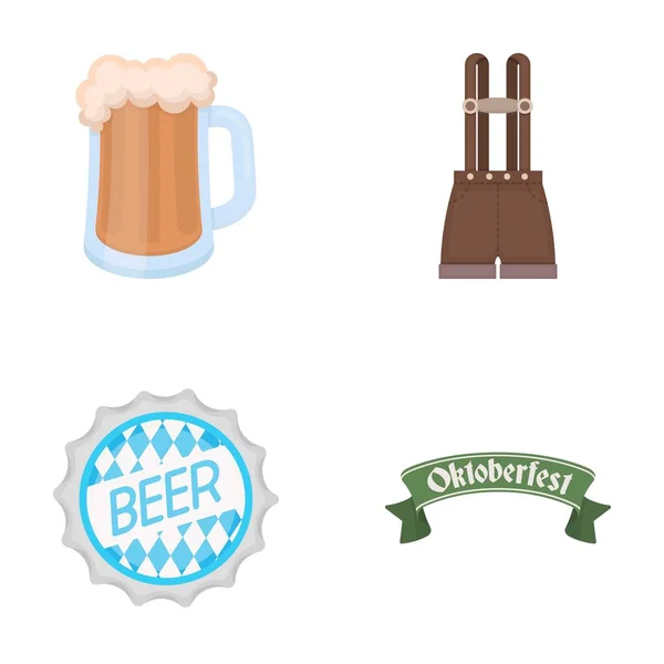 Pantaloncini con bretelle, un bicchiere di birra, un cartello, un emblema. Oktoberfest set icone di raccolta in stile cartone animato vettore simbolo stock illustrazione web . — Vettoriale Stock