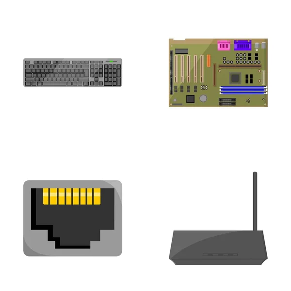 Toetsenbord, router, moederbord en connector. Personal computer ingesteld collectie iconen in cartoon stijl vector symbool stock illustratie web. — Stockvector