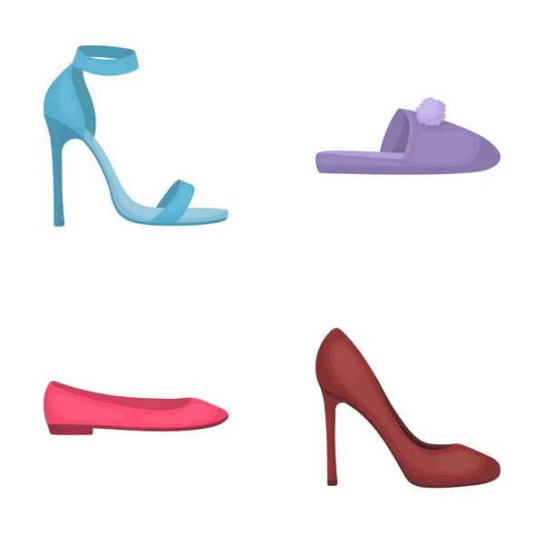 Blauwe hoge hakken sandalen, zelfgemaakte Lila slippers met een pampon, roze vrouwen s ballet flats, bruine schoenen met hoge hakken. Schoenen collectie iconen in cartoon stijl vector symbool stock illustratie web instellen. — Stockvector