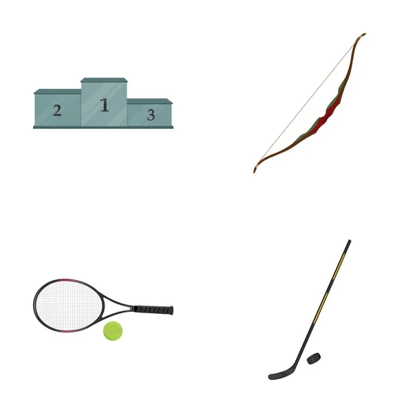 Voetstuk van eer voor de winnaars, boog voor het schieten van pijlen, racket met een bal voor tennis, hockey stick en puck. Sport collectie iconen in cartoon stijl vector symbool stock illustratie web instellen. — Stockvector