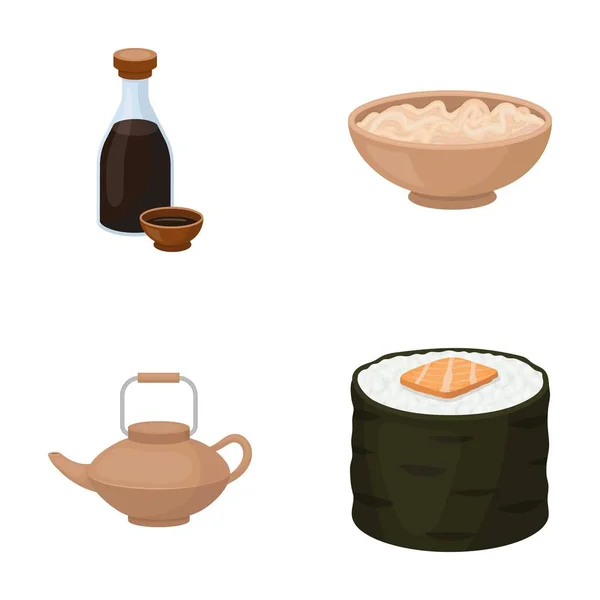 Соевый соус, лапша, чайник .rolls.Sushi набор иконок коллекции в стиле мультфильма векторные символы фондовые иллюстрации паутины . — стоковый вектор