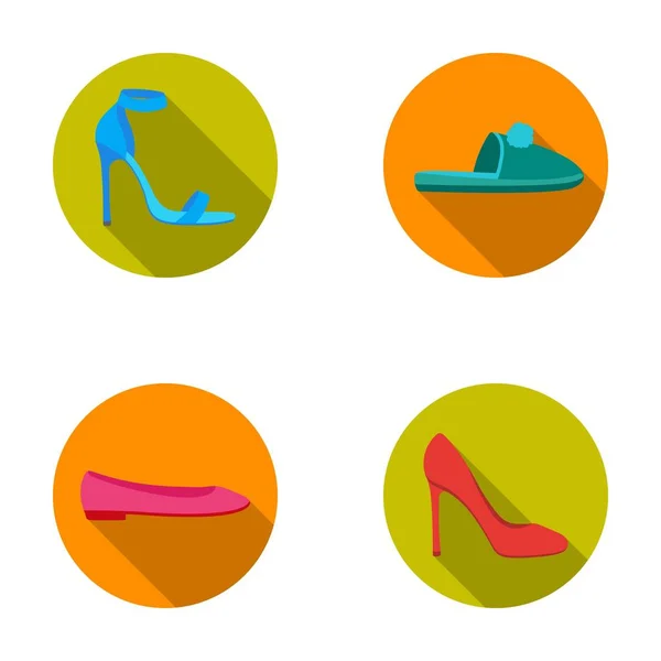 Sandálias azuis de salto alto, chinelos lilás caseiros com um pampon, ballet feminino rosa flats, sapatos castanhos de salto alto. Sapatos conjunto de ícones de coleção em estilo plano símbolo vetorial ilustração web . — Vetor de Stock