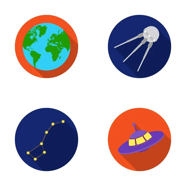 Planeta Tierra con continentes y océanos, satélite volador, Ursa Mayor, OVNI. Espacio conjunto colección iconos en estilo plano vector símbolo stock ilustración web . — Archivo Imágenes Vectoriales