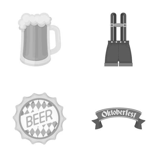 Spodenki z szelkami, szklanka piwa, znak, godło. Oktoberfestset kolekcji ikon w www ilustracji symbol wektor zarys styl. — Wektor stockowy