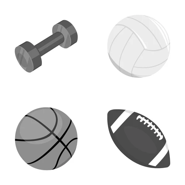Blå hantel, vit fotboll, basket, rugby boll. Sport som samling ikoner i svartvit stil vektor symbol stock illustration web. — Stock vektor