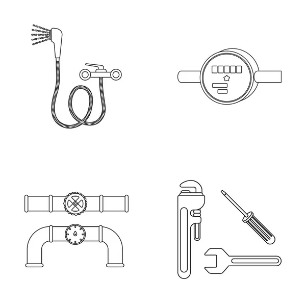 Dusche, Wasserhahn, Wasserzähler und andere Ausrüstung. Sanitär Set Sammlung Symbole in Umriss Stil Vektor Symbol Stock Illustration Web. — Stockvektor