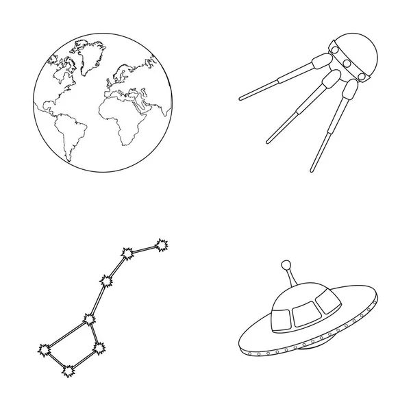 Planeta Ziemia z kontynentów i oceanów, pływające satelitarna, Ursa Major, Ufo Miejsca zestaw kolekcji ikon w www ilustracji symbol wektor zarys styl. — Wektor stockowy