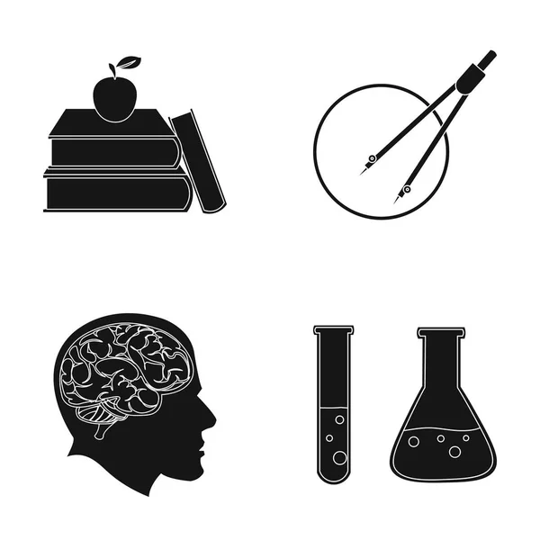 Books, an apple, a man s head with a brain, test tubes with a reagent, a compass with a circle. School set collection icons in black style vector symbol stock illustration web. — Stock Vector