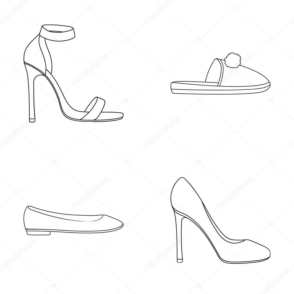 Blue high-heeled sandals, homemade lilac slippers with a pampon, pink women s ballet flats, brown high-heeled shoes. Shoes set collection icons in outline style vector symbol stock illustration .