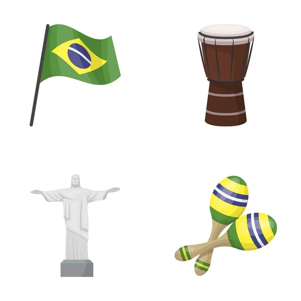Brazilië, country, vlag, trommel. Brazilië land instellen collectie iconen in cartoon stijl vector symbool stock illustratie web. — Stockvector