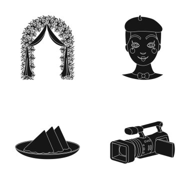 Kemer gül ve ipek, bir kap, bir tabak kırmızı peçeteler, bir video kamera ile bir palyaço ile süslüdür. Etkinlik Hizmetleri toplama simgeler siyah stil vektör simge stok çizim web içinde ayarla..