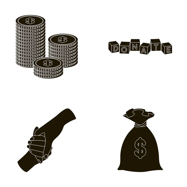 A pile of coins for donations, colored cubes with an inscription, a handshake, a bag of money for donations. Charity and donation set collection icons in black style vector symbol stock illustration — Stock Vector