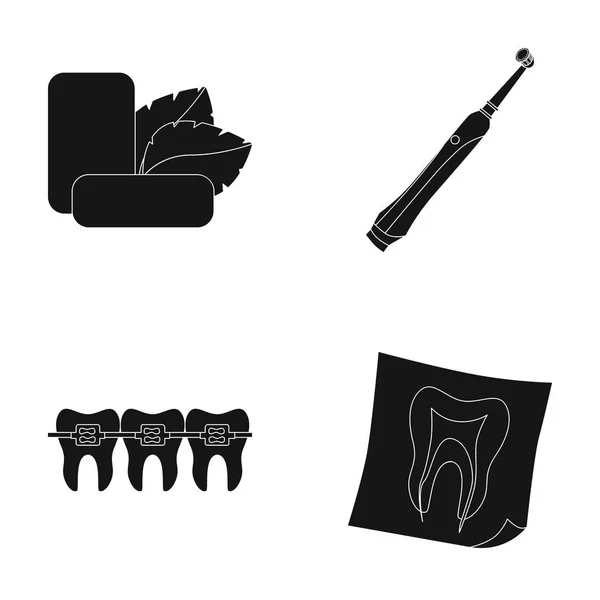 ミントとミントのガム葉、毛、歯、bregettes の歯ブラシ、歯の x 線写真。歯科医療はブラック スタイル ベクトル シンボル ストック イラスト web でコレクションのアイコンを設定. — ストックベクタ