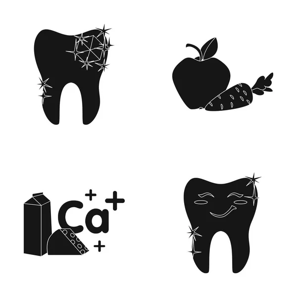 En tand med strålande mousserande, ett äpple med morötter användbar för tänder, mjölk i en låda, ost och ett tecken av kalcium, en leende tand. Tandvård som samling ikoner i svart stil vektor symbol — Stock vektor
