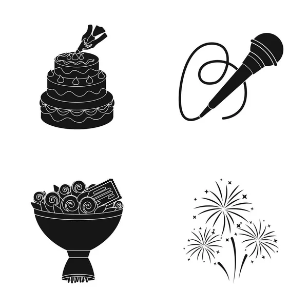 Hand making a cake with cream, a microphone with a cord, a bouquet of roses with a greeting card, a festive salute. Event services set collection icons in black style vector symbol stock illustration — Stock Vector