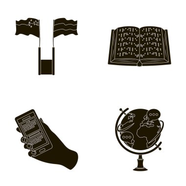 İki bayrak, kör, çevrilmiş metinleri, dünyanın küre şeklinde bir telefonla yardım için bir kitap. Tercüman ve çevirmen toplama simgeler siyah stil vektör simge stok çizim web ayarla.