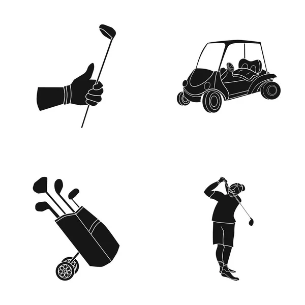 В рукавичці руку з паличкою, гольф-кари, візки мішок з палички в сумку, стукіт з палицею чоловік. Гольф-клуб набір іконок колекції у чорний стиль вектор символ запас ілюстрація web. — стоковий вектор