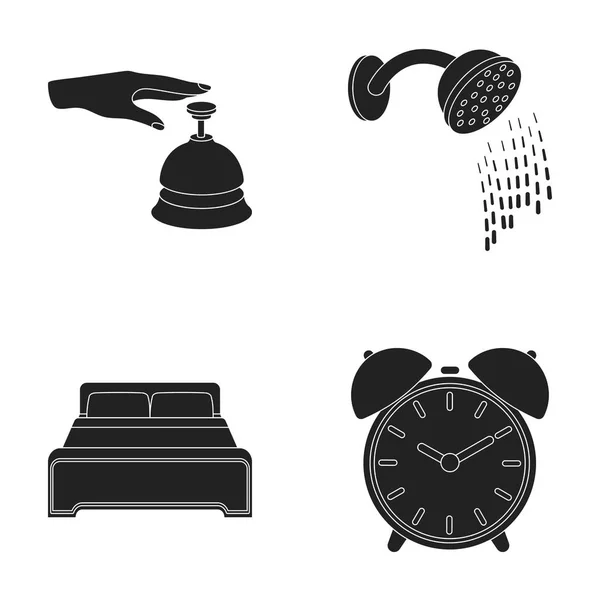 Call at the reception, alarm clock, bed, shower.Hotel set collection icons in black style vector symbol stock illustration web. — Stock Vector