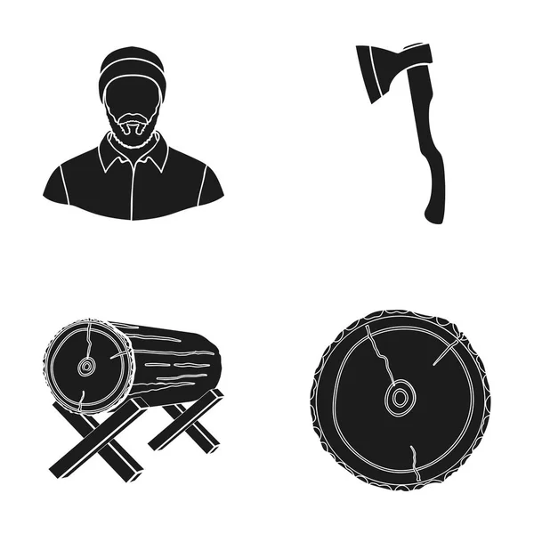 Carpintero, inicio de sesión soportes, hacha, troncos cortados. Aserradero y madera conjunto colección iconos en negro estilo vector símbolo stock ilustración web . — Vector de stock