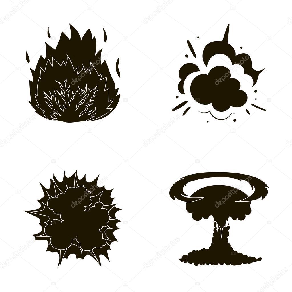 Flame, sparks, hydrogen fragments, atomic or gas explosion. Explosions set collection icons in black style vector symbol stock illustration .