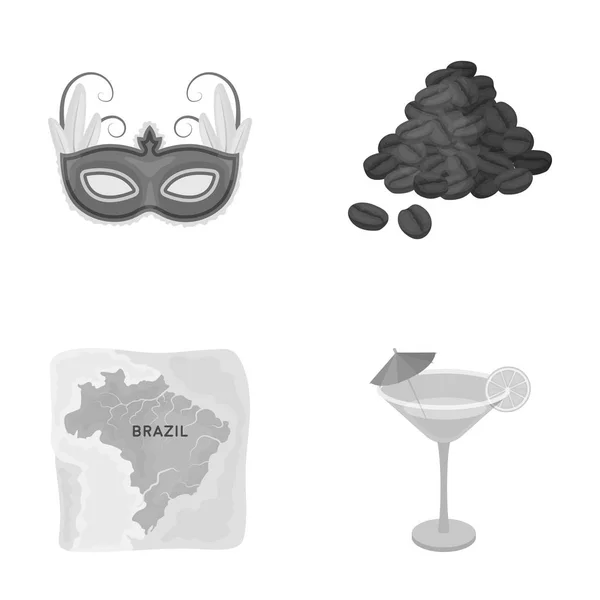 Brazilië, country, masker, carnaval. Brazilië land instellen collectie iconen in zwart-wit stijl vector symbool stock illustratie web. — Stockvector