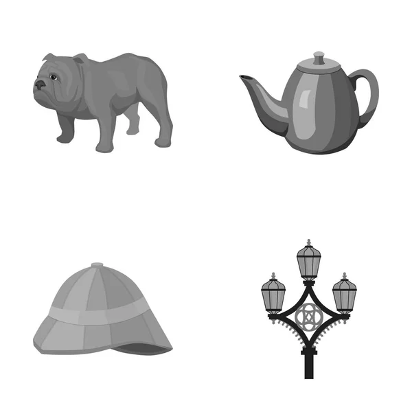 Raza perro, tetera, cervecero .England país conjunto colección iconos en el estilo monocromo vector símbolo stock ilustración web . — Archivo Imágenes Vectoriales