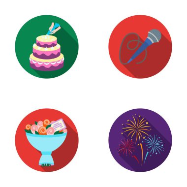 El bir kek krem, bir kablo ile bir mikrofon, bir buket gül bir tebrik kartı, bir festival Selam ile yapmak. Etkinlik Hizmetleri toplama simgeler düz stil vektör simge stok şekilde ayarla.
