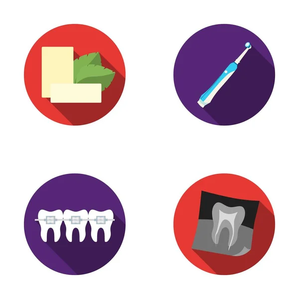 Mint chewing gum with mint leaves, toothbrush with bristles, bregettes with teeth, X-ray of the tooth. Dental care set collection icons in flat style vector symbol stock illustration web.