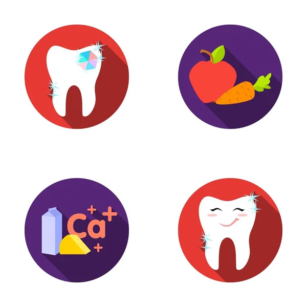 En tand med strålande mousserande, ett äpple med morötter användbar för tänder, mjölk i en låda, ost och ett tecken av kalcium, en leende tand. Tandvård som samling ikoner i platt stil vektor symbol — Stock vektor