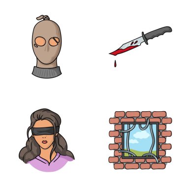 Bir hırsız bir maske, kanlı bir bıçak, bir rehine, hapishaneden kaçış. Suç toplama simgeler karikatür tarzı vektör simge stok çizim web içinde ayarla..
