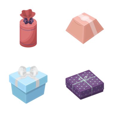 Fiyonklu hediye paketi hediye kutusu. Hediyeler ve sertifikaları toplama simgeler karikatür tarzı vektör simge stok çizim web içinde ayarla.