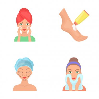 Yüz bakımı, estetik, yüz silerek, ayaklara nemlendirici. Cilt Bakımı toplama simgeler karikatür tarzı vektör simge stok çizim web içinde ayarla..