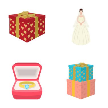 Bir düğün, bir gelin duvak ve bir elbise, bir halka bir elmas nişan yüzüğü bir elmas, hediye kutuları için bir hediye ile bir kutu. Düğün toplama simgeler vektör simge stok karikatür tarzı ayarla 