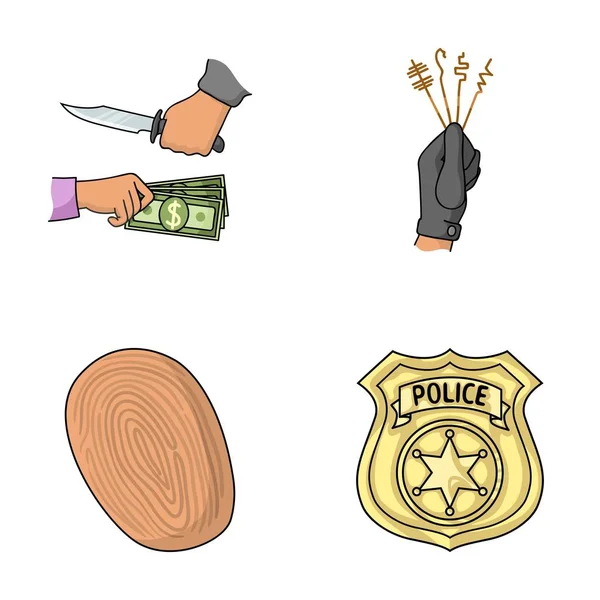 Attaque de vol, empreinte digitale, badge des policiers, pickpockets.Crime ensemble icônes de collection dans le style dessin animé vectoriel symbole illustration web . — Image vectorielle