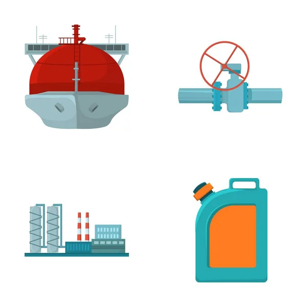 Танкер, трубопровод, нефтеперерабатывающий завод, канистра с бензином. Иконки коллекции нефтяной промышленности в стиле мультфильма векторные символы фондовые иллюстрации . — стоковый вектор