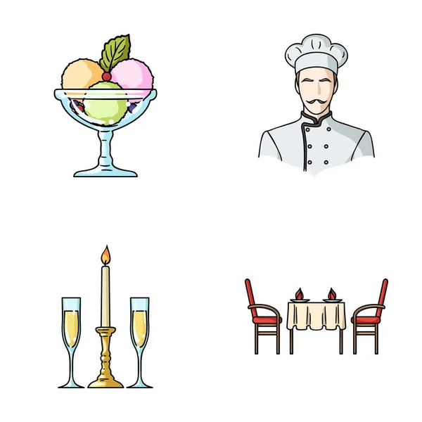 冰淇淋与水果、 厨师、 蜡烛和眼镜，覆盖表。餐厅在卡通风格矢量符号股票图 web 设置集合图标. — 图库矢量图片