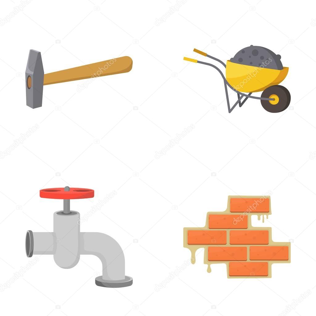 Hammer, wheelbarrow with cargo, water faucet, brickwork. Build and repair set collection icons in cartoon style vector symbol stock illustration web.