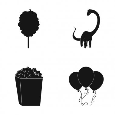 Tatlı Pamuk yün bir sopa, bir oyuncak ejderha, bir kutu patlamış mısır, bir ipte renkli balonlar. Eğlence Parkı toplama simgeler siyah stil vektör simge stok çizim web içinde ayarla..