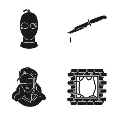 Bir hırsız bir maske, kanlı bir bıçak, bir rehine, hapishaneden kaçış. Suç toplama simgeler siyah stil vektör simge stok çizim web içinde ayarla..