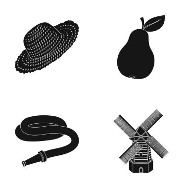 Hasır şapka, armut yaprak, sulama hortumu, yel değirmeni. Çiftçi ve Bahçe küme toplama simgeler siyah stil vektör simge stok çizim web içinde.