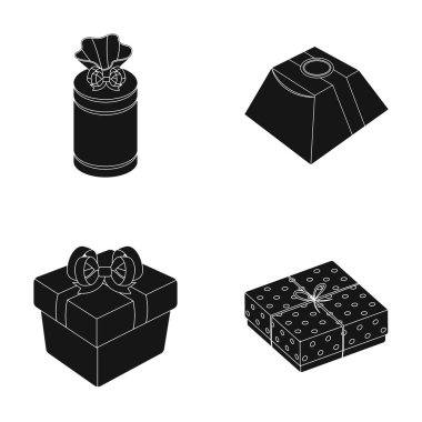 Fiyonklu hediye paketi hediye kutusu. Hediyeler ve sertifikaları toplama simgeler siyah stil vektör simge stok çizim web ayarla.