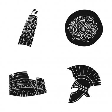 Pisa Kulesi, makarna, coliseum, Çöl Kaplanı kask. İtalya ülke toplama simgeler siyah stil vektör simge stok çizim web içinde ayarla..