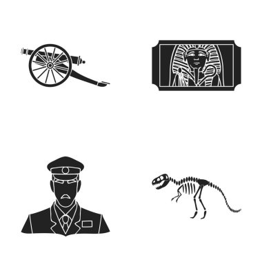 Silah tekerlekler, dinazor iskeleti, üniforma, Bilet güvenlik görevlisi. Müzesi toplama simgeler siyah stil vektör simge stok çizim web içinde ayarla..