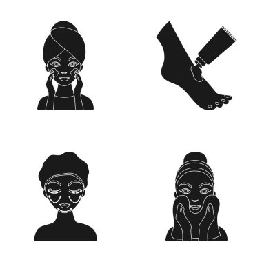 Yüz bakımı, estetik, yüz silerek, ayaklara nemlendirici. Cilt Bakımı toplama simgeler siyah stil vektör simge stok çizim web içinde ayarla..