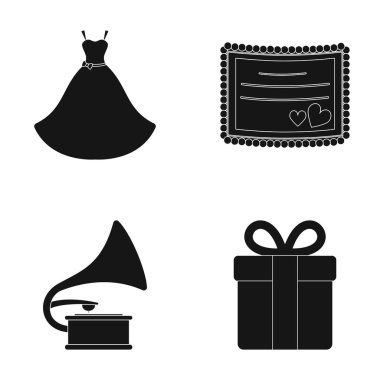 Elbise düğün, davet, Hediyelik, gramofon. Düğün toplama simgeler siyah stil vektör simge stok çizim web içinde ayarla..