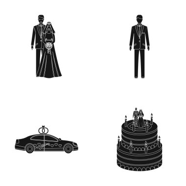 Gelin ve damat bir gelinlik bir buket gül ellerini, bir damat şenlikli bir takım, yeni evliler cadillant ile dekore şeritler ve kalpleri, gelinle bir düğün pastası ve