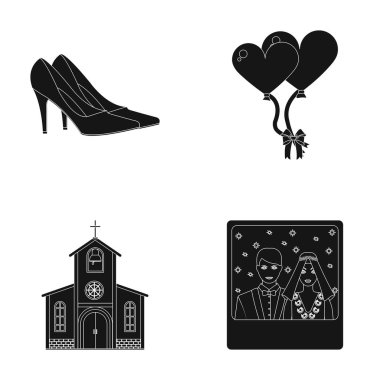 Şık Düğün Ayakkabı topuklu, tören, bir vitray pencere ve bir çan, gelin ve damat resmi bir kilise için balonlar ile. Düğün toplama simgeler siyah stil vektör ayarla.