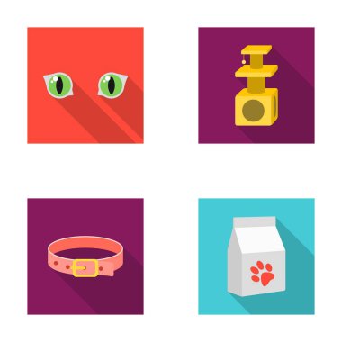 Kedi gözlü, kedi lodge, yaka, gıda ile paket. Kedi toplama simgeler düz stil vektör simge stok çizim web içinde ayarla..